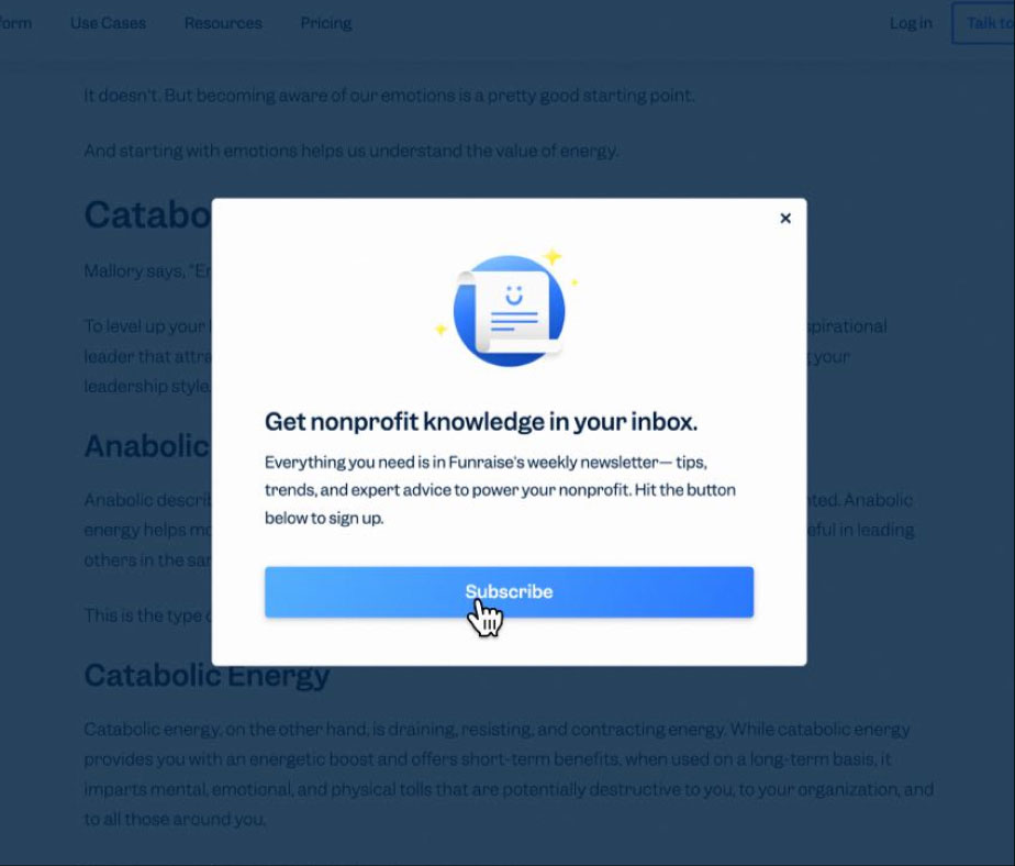 A cute smiley pop up notification for email subscriptions on the Funraise blog and homepage