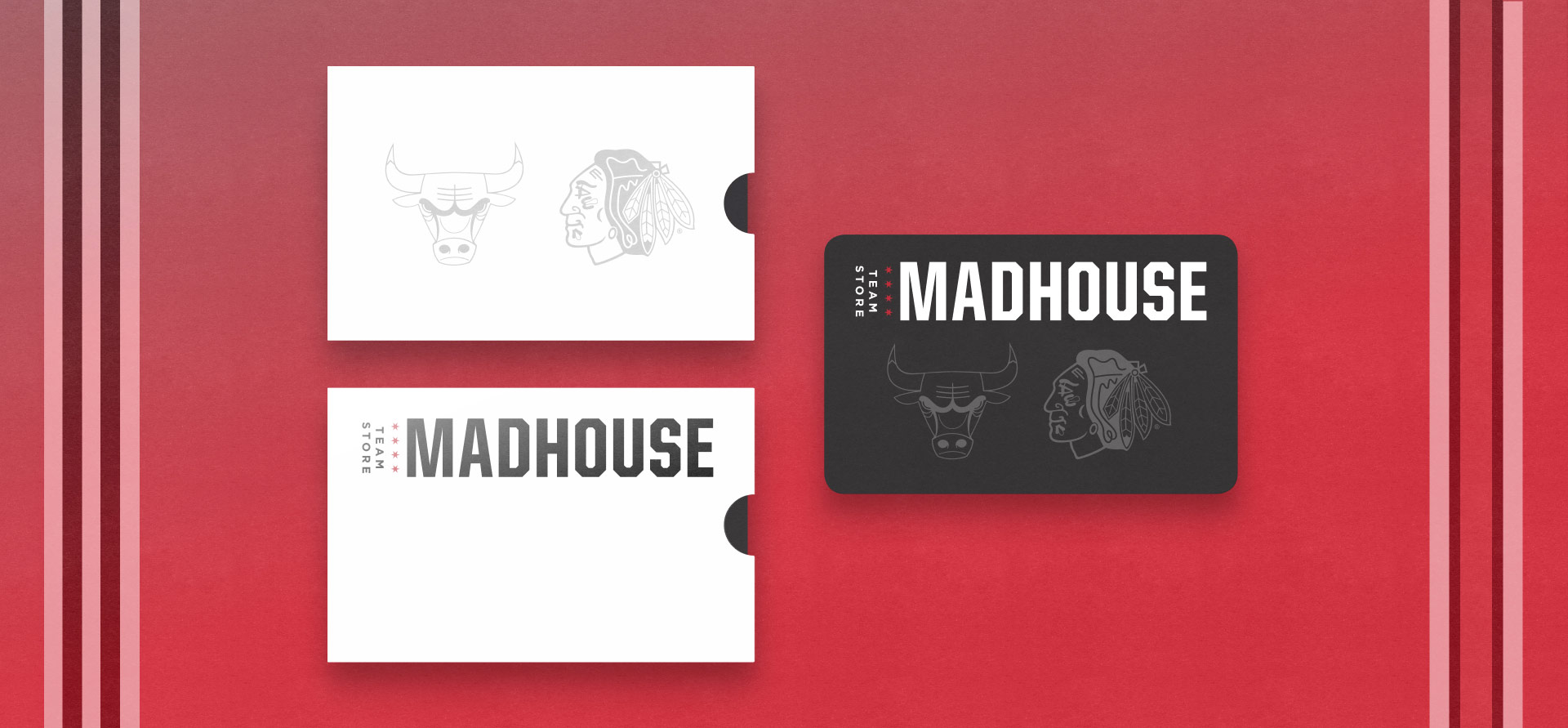 Madhouse Team Store gift card designs over a red background