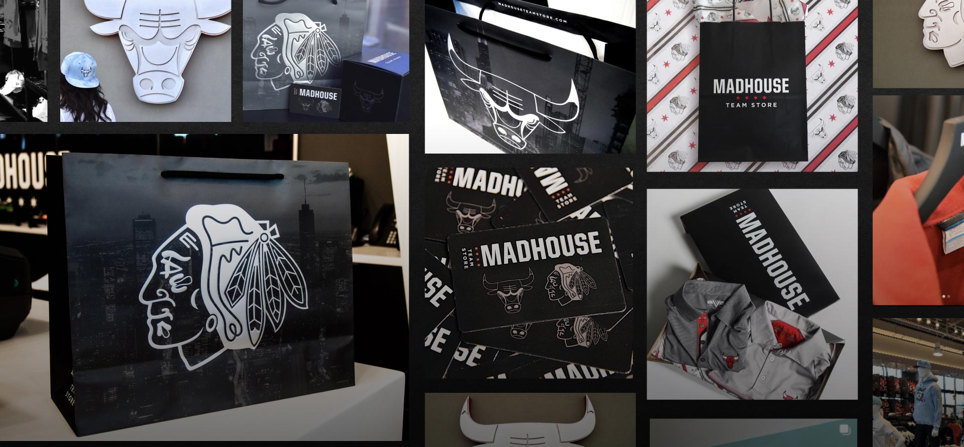 various images showing Madhouse Team Store customer facing branded material