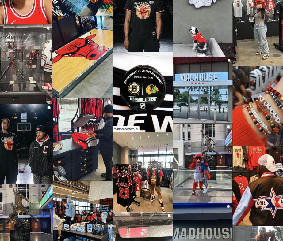 A grid of images of Madhouse Team Store from social media