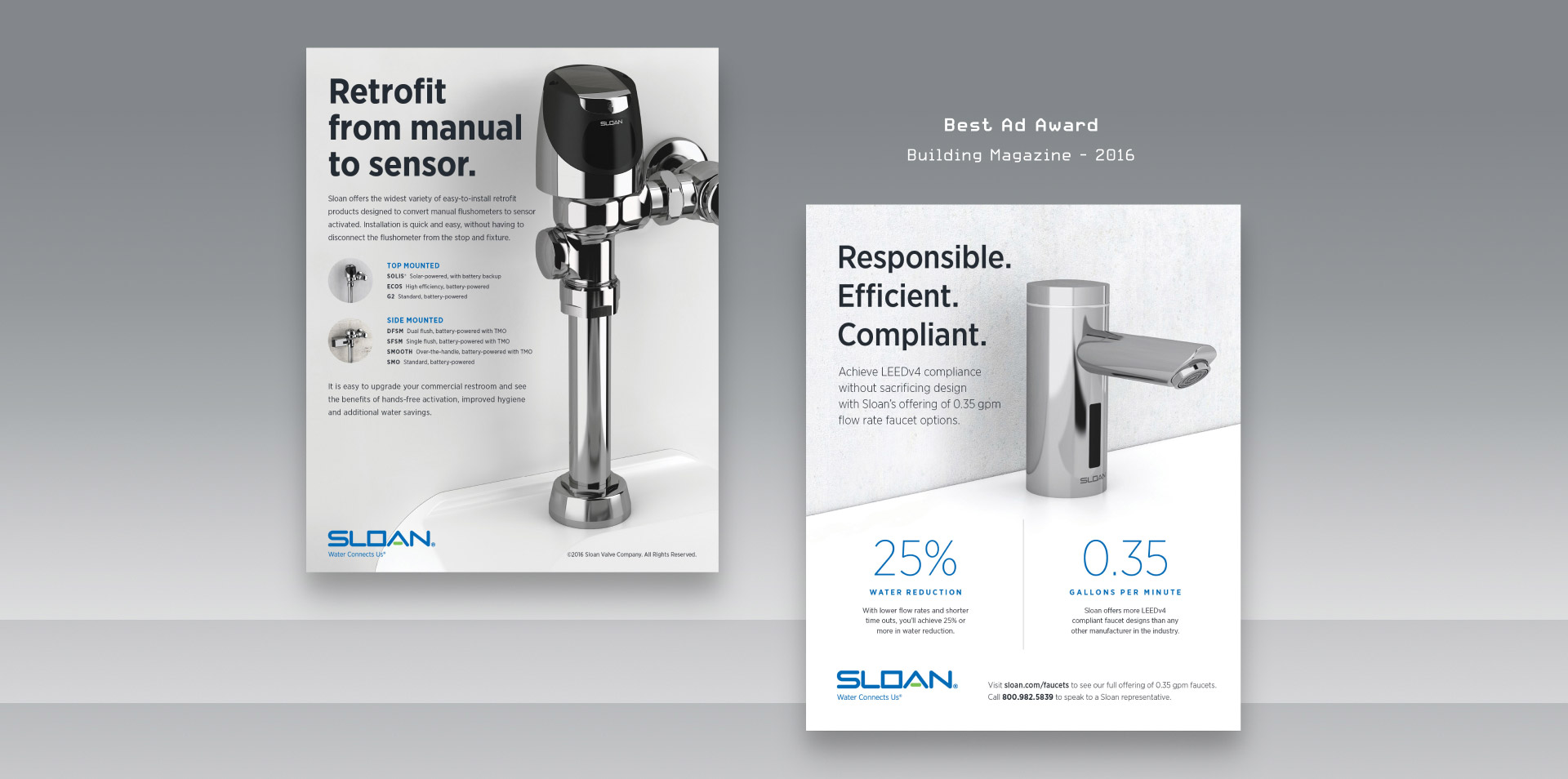 Two magazine ads for Sloan's flushometer, and sink faucet, side by side over a gray background