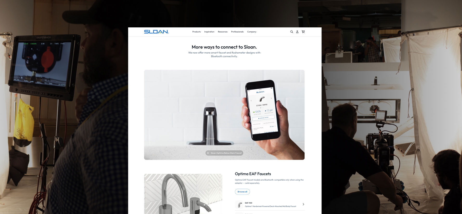 The Sloan Connect App promo website page in the foreground, with photos of the video tutorial filming process in the background.