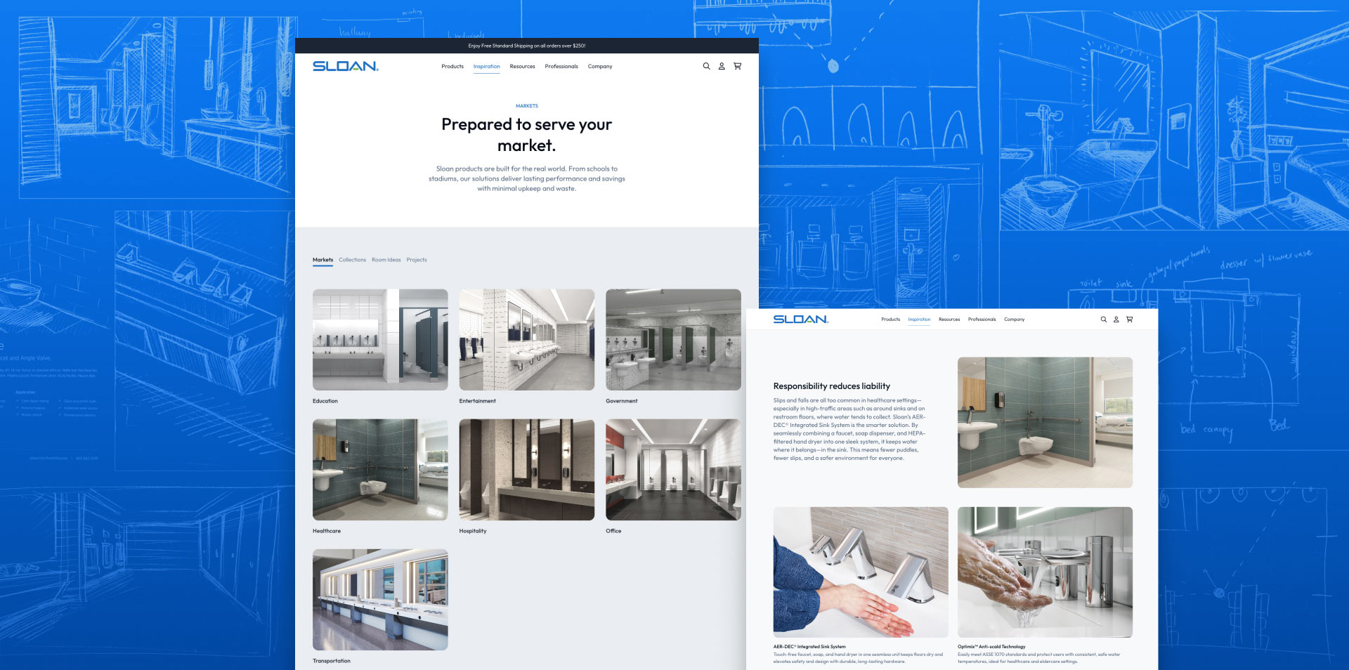 Sloan's industry landing page with renderings of industry appropriate bathroom and plumbing solutions
