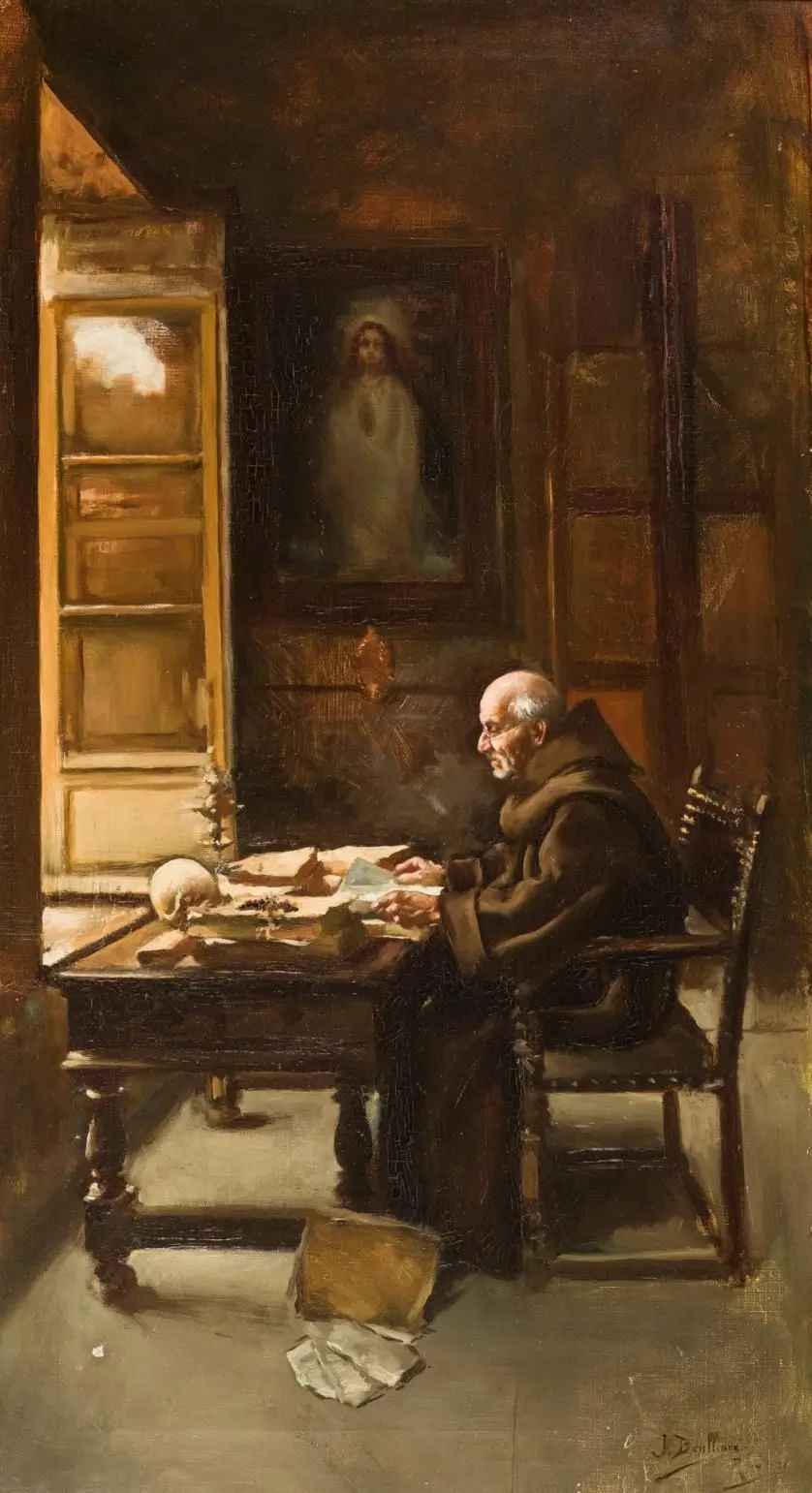 Elderly monk studying skull at desk with books