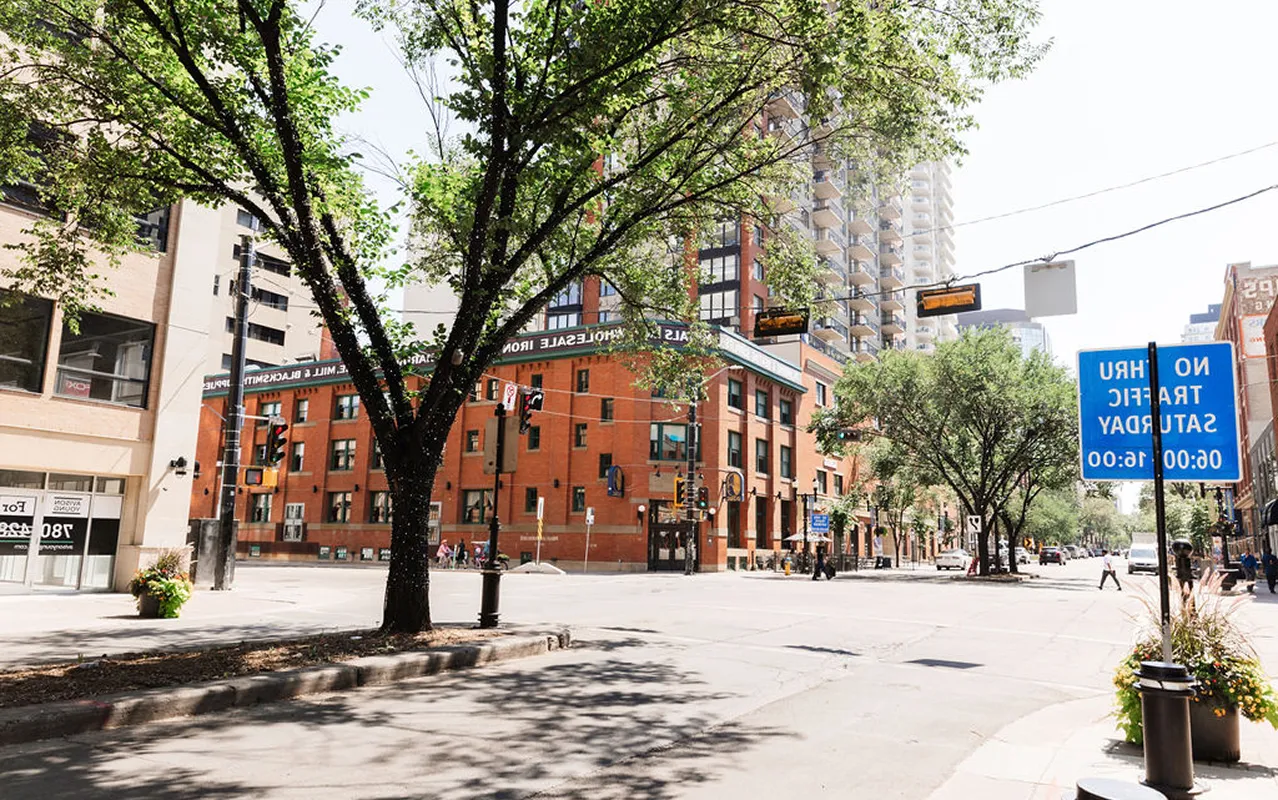 Sunny urban street intersection with trees, traffic lights, a blue no-through traffic sign, and a brick building with a green roof edge in the background.