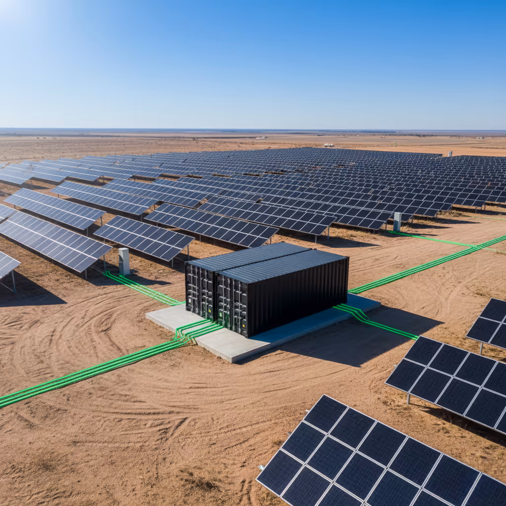 Large solar panel farm in a desert with a central black container connected by green cables.