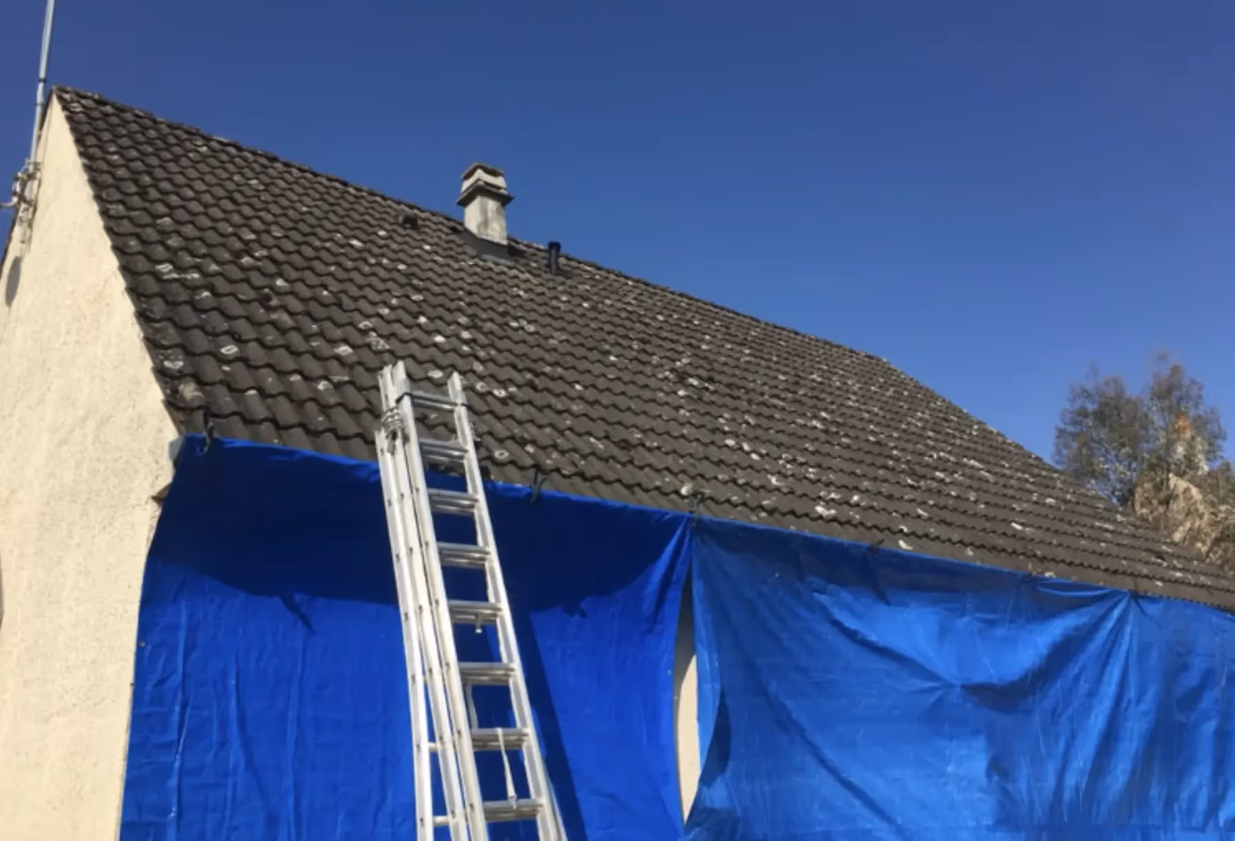 Toiture à Saint-Menges très encrassée, tuiles rouges foncées, mousse verte, tâches noires, temps dégagé.