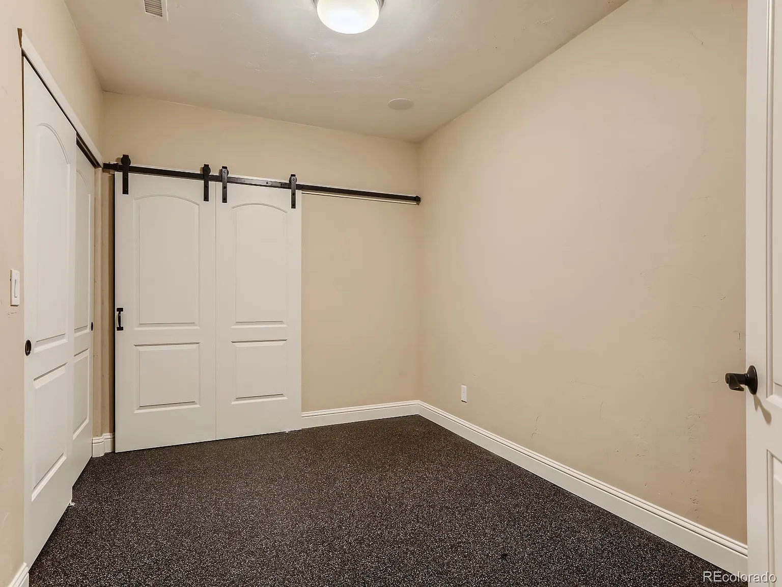 Cozy basement room with barn-style sliding closet doors and neutral carpeting, a functional and stylish design by Denver Dream Builders.