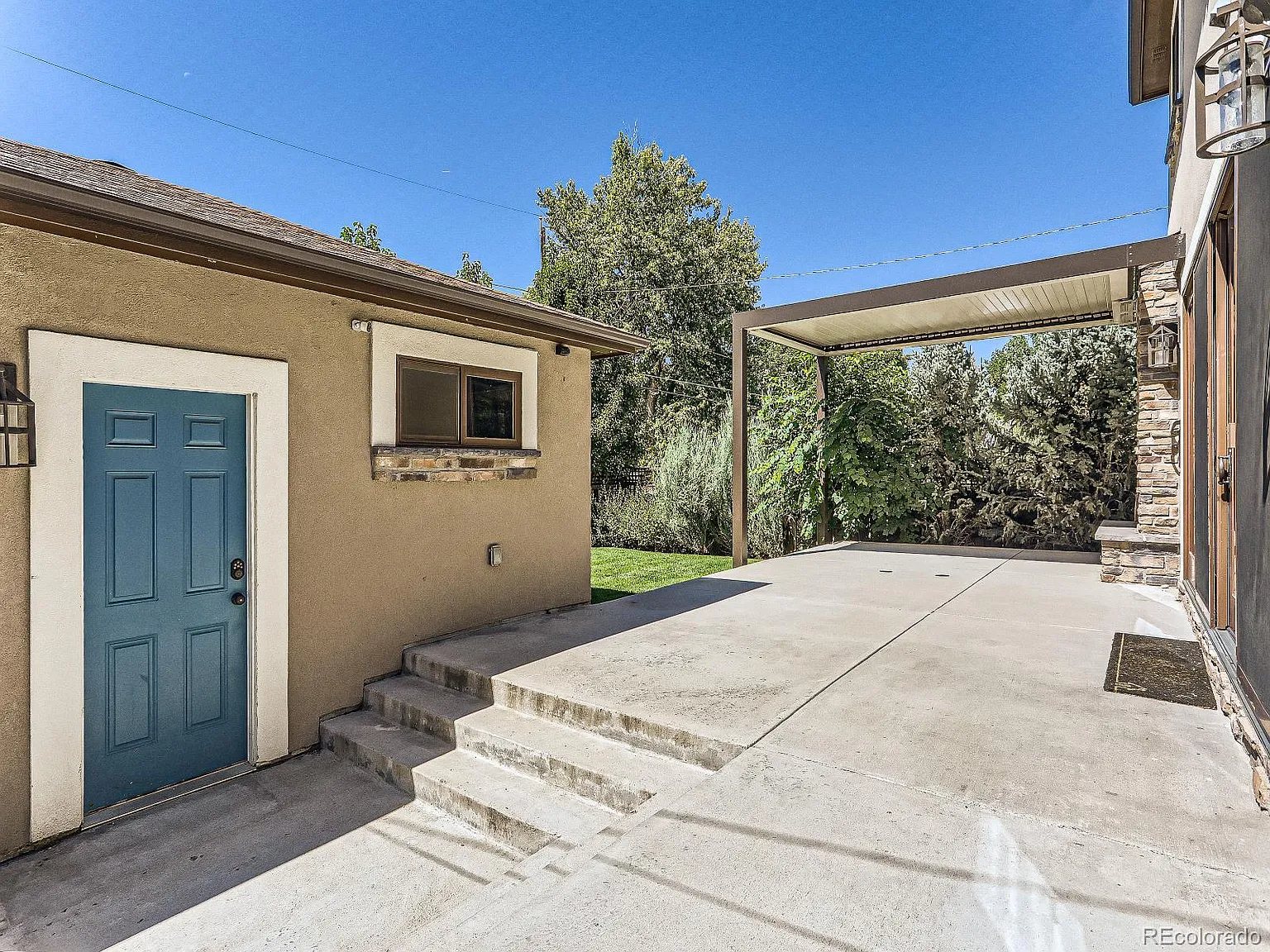 Spacious backyard concrete patio with steps leading to a blue door, featuring a modern pergola and surrounded by lush greenery.