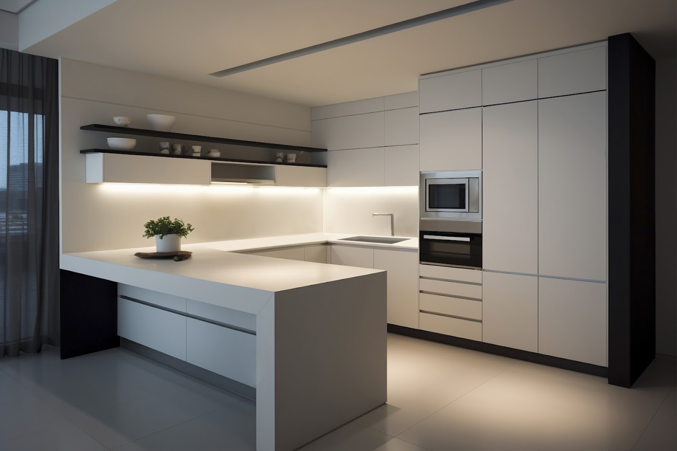 Sleek modern kitchen design featuring minimalist white cabinetry, integrated appliances, under-cabinet lighting, and a contemporary island with clean lines.