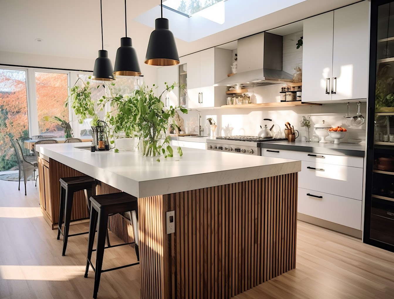 Contemporary kitchen with a large island featuring wood paneling and a white countertop, accented by black pendant lighting and indoor greenery under a skylight. Modern white cabinetry and stainless-steel appliances complete the look.
