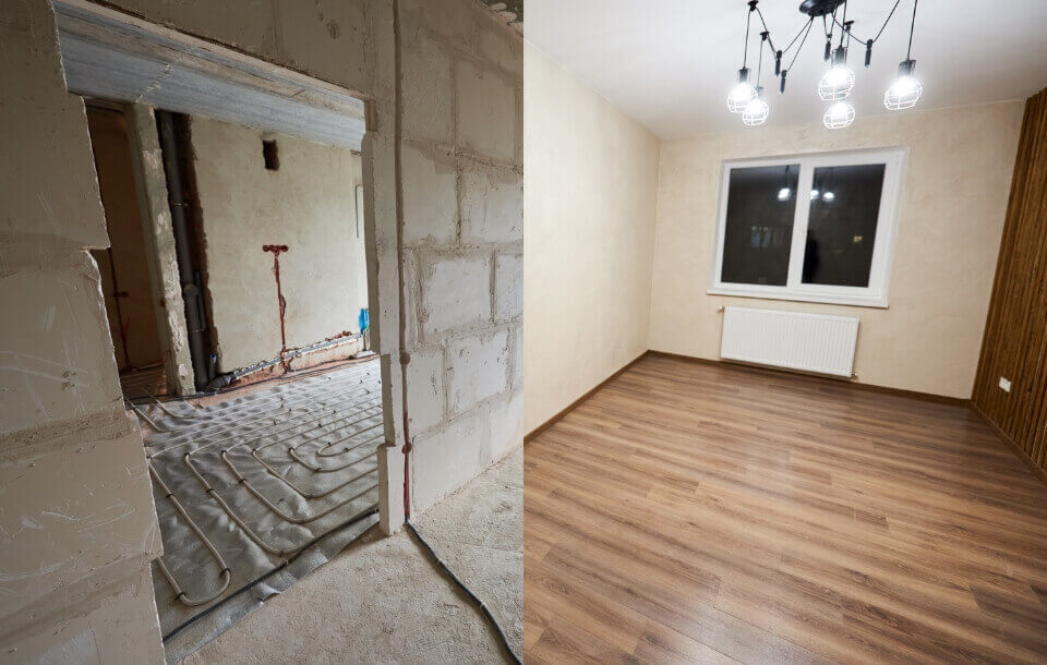 Before and after renovation: unfinished room with exposed heating system contrasted with a completed space featuring hardwood flooring, neutral walls, and modern lighting.