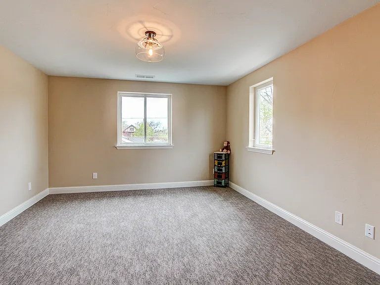 Bright carpeted bedroom with neutral walls and dual windows allowing natural light