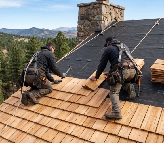 Roofing crew working on a cedar shingle roof on a Colorado home