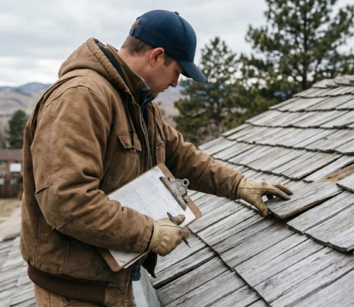 Roofer lifting an aged shake to inspect underlayment during a cedar shake roof inspection