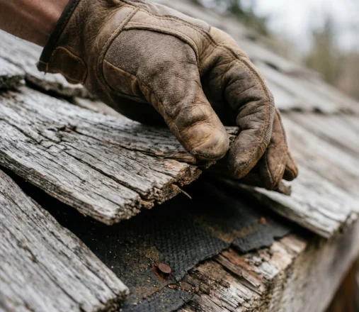 Roofer inspecting a weathered cedar shake roof on a Denver home