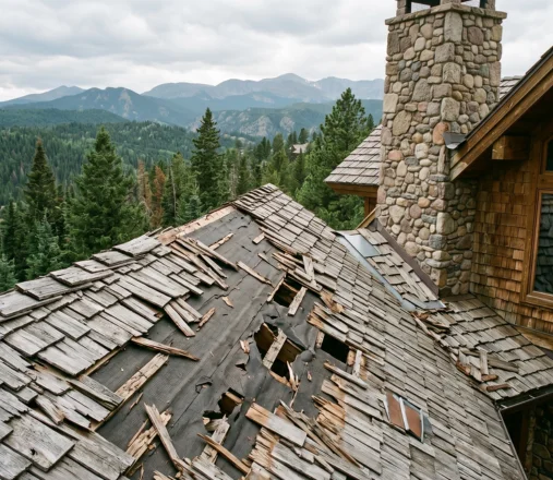 Storm-damaged cedar shake roof section with broken shakes and exposed underlayment