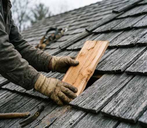 Roofer sliding a fresh cedar shake into an aged grey roof during a cedar shake repair