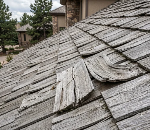 Cracked split and curling cedar shake roof showing damage that needs cedar shake repair