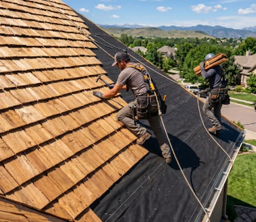 Roofers laying new amber shakes during a cedar shake installation on a Denver home