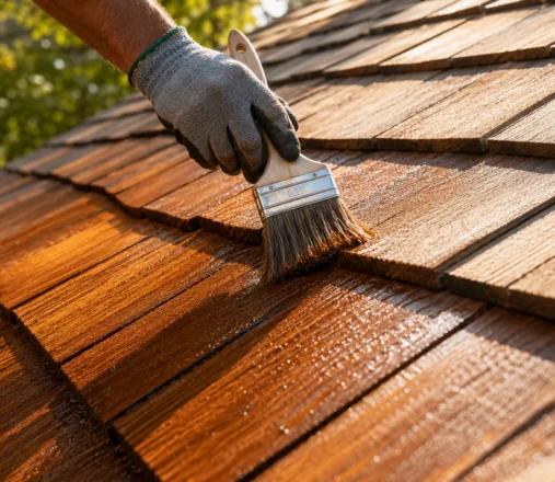 Roofer brushing protective treatment onto a cedar shake roof during routine maintenance