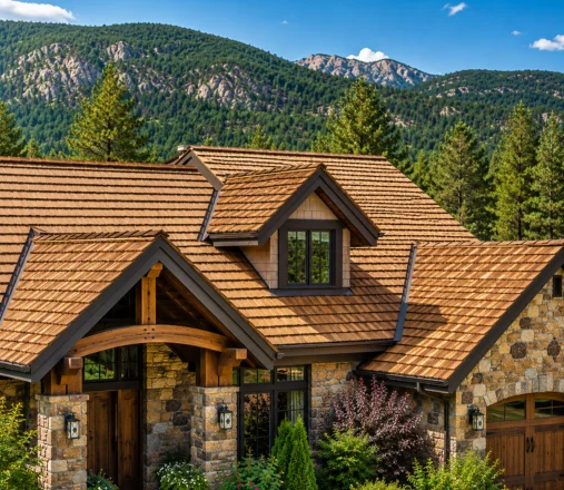 Well-maintained cedar shake roof with rich even wood shingles on an upscale Denver home