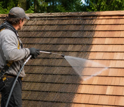 Roofer low-pressure cleaning a cedar shingle roof, rinsing dirt away to reveal clean wood
