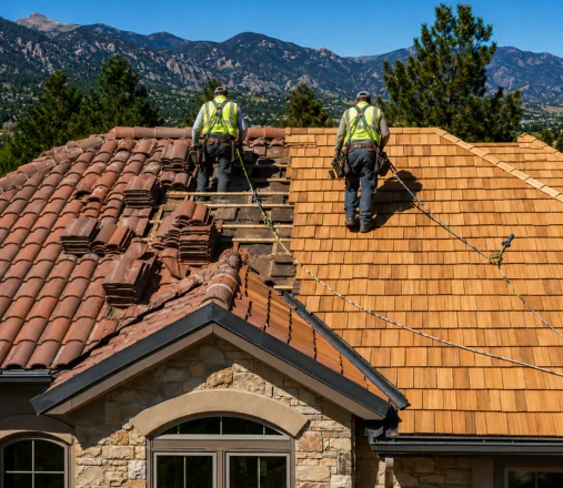 Clay tile roof being replaced with new cedar shakes during a cedar shake roof replacement