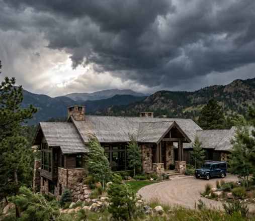 Upscale Denver home with a cedar shingle roof under dark storm clouds over the Front Range