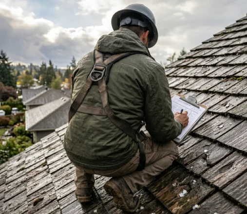 Roofer inspecting hail damage on a wet cedar shake roof after a Colorado storm
