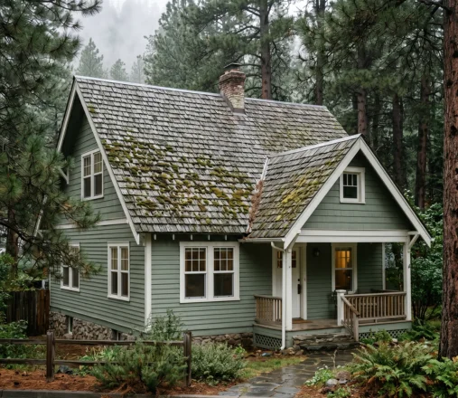 Cedar shake roof with green moss and dark algae growing across the shaded damp shakes