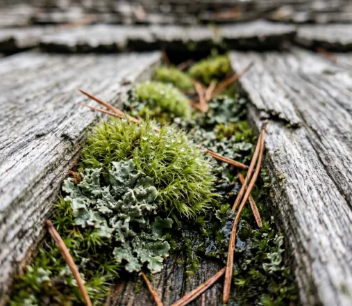 Close-up of moss algae and lichen between aged cedar shingle roof shakes