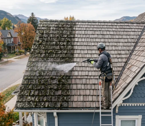 Roofer soft-washing moss off a cedar shake roof revealing clean wood on the treated side