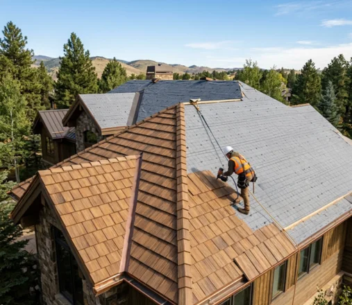 Aerial view of a roofer installing composite shakes during a cedar shake roof conversion