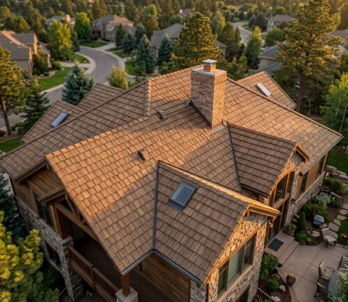 Aerial view of an upscale home with a composite shake roof that replaced an old cedar shake roof