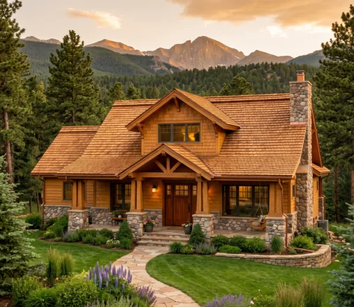 A Colorado home with a well-maintained cedar shake roof at golden hour