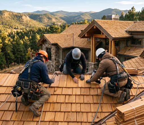 A roofing crew installing a cedar shake roof on an upscale Denver home