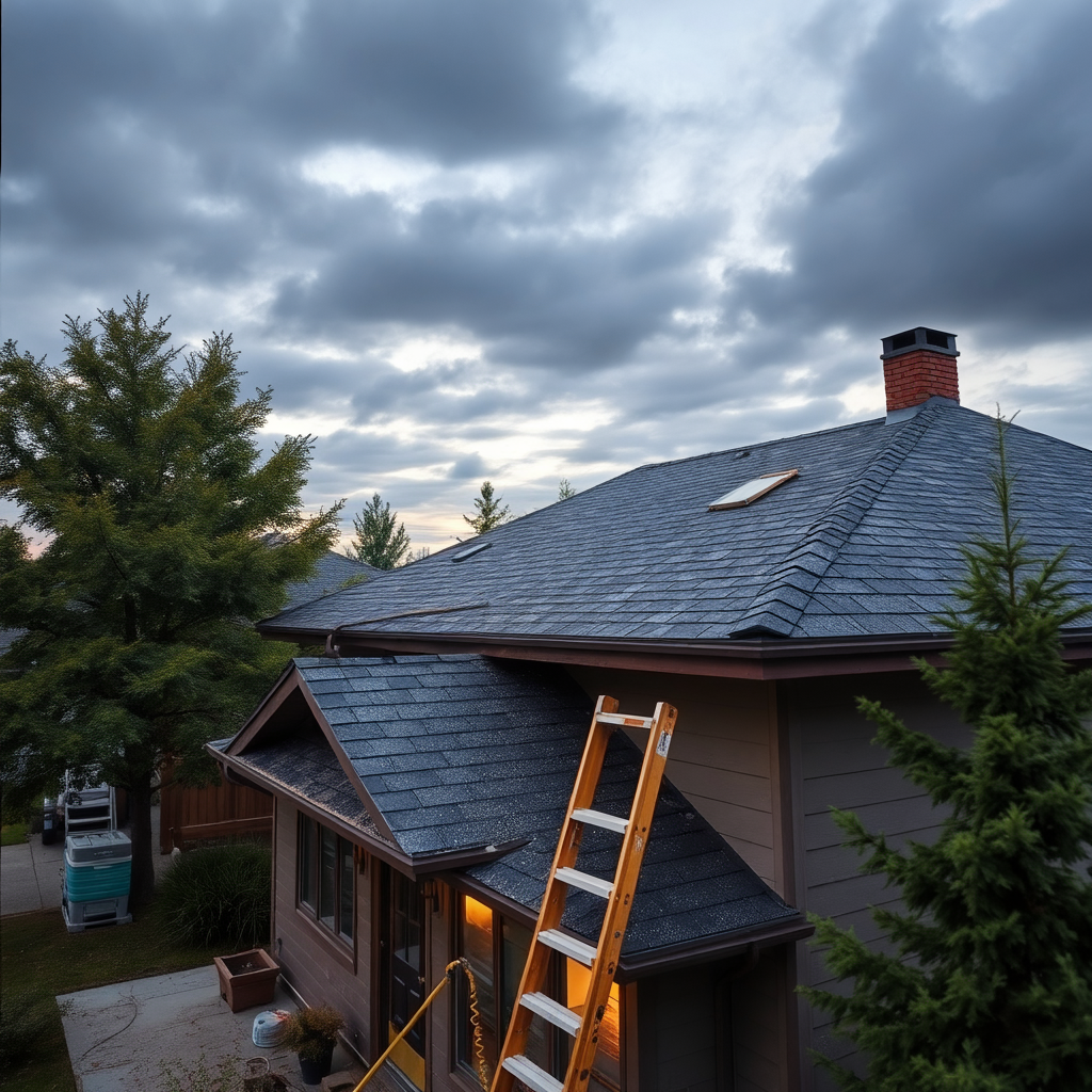 Suburban home at dusk with new asphalt shingles and a ladder propped against the roof for ongoing maintenance, under a cloudy sky.