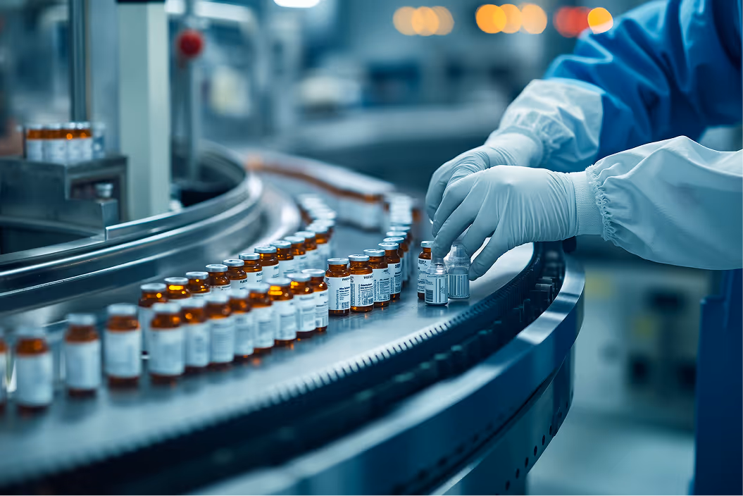 Mãos com luvas brancas manipulando frascos de vacina em uma linha de produção industrial.