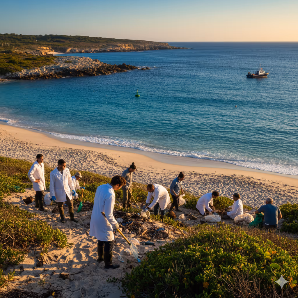 AI generated image showing people on a beach and environmental management
