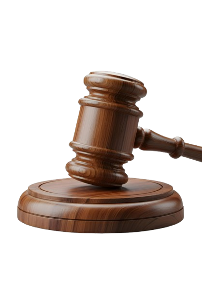 Wooden judge's gavel resting on a round sound block.