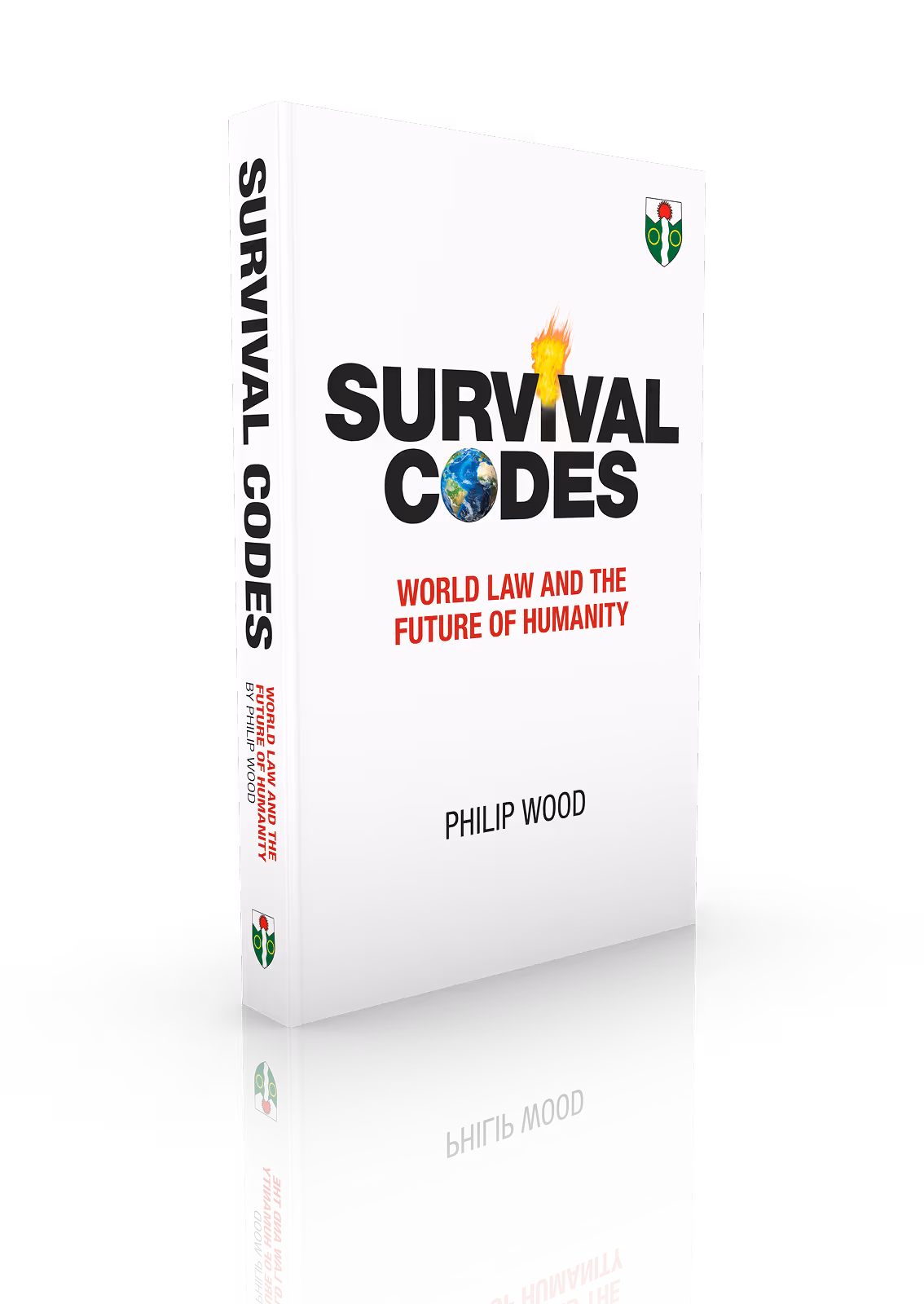 Book titled 'Survival Codes: World Law and the Future of Humanity' by Philip Wood with a flame and Earth image integrated into the title text.