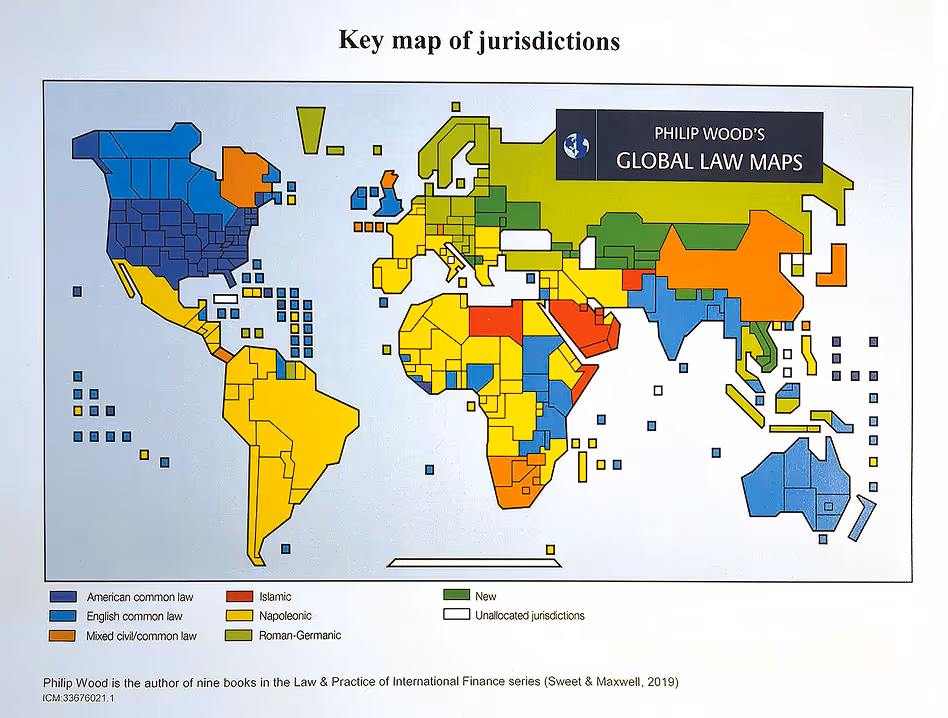 World map showing jurisdictions by legal system: American common law (dark blue), English common law (blue), Mixed civil/common law (orange), Islamic law (red), Napoleonic law (yellow), Roman-Germanic law (light green), New law (dark green), and unallocated jurisdictions (white).