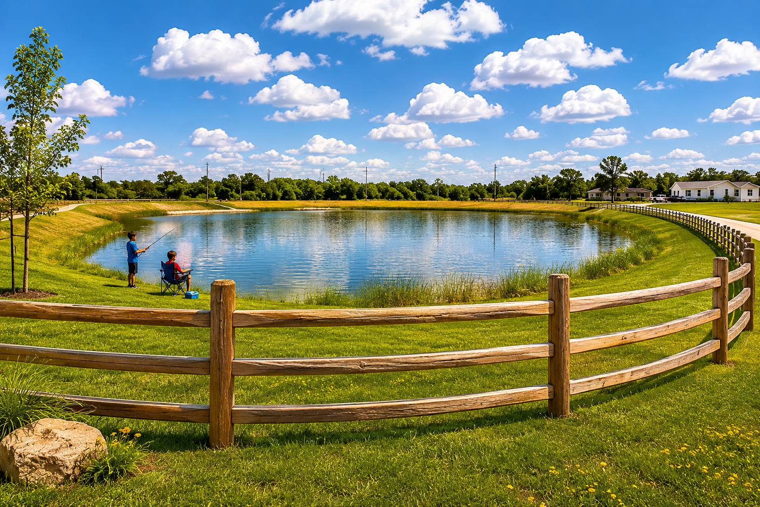 Relax and enjoy outdoor living with beautiful green spaces, fishing ponds, and community amenities at Ten Oaks