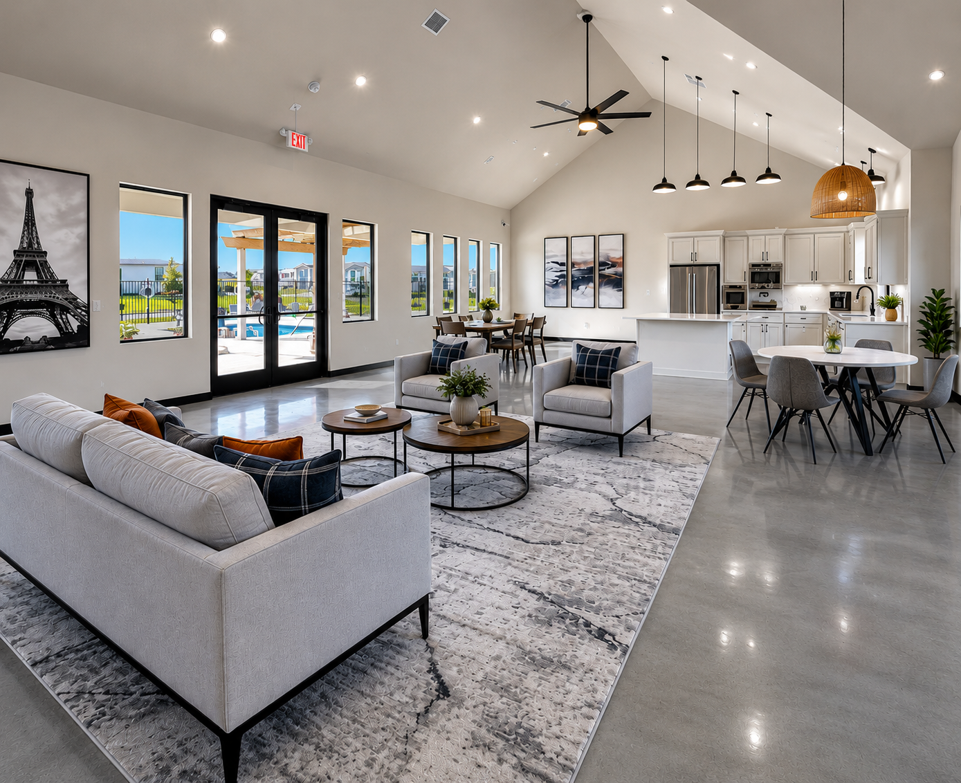 Resident clubhouse and gathering space at Astoria Crossing.