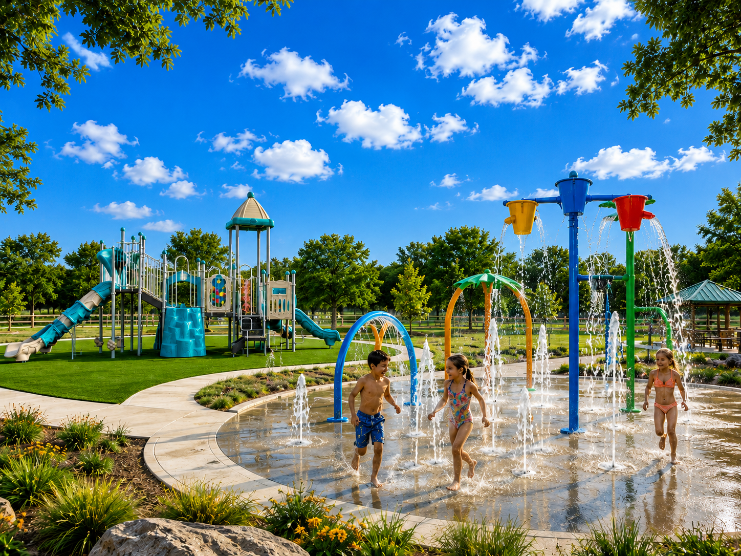 Lakeway Village splash pad and playground in Princeton, TX, featuring interactive water features and family-friendly outdoor spaces.