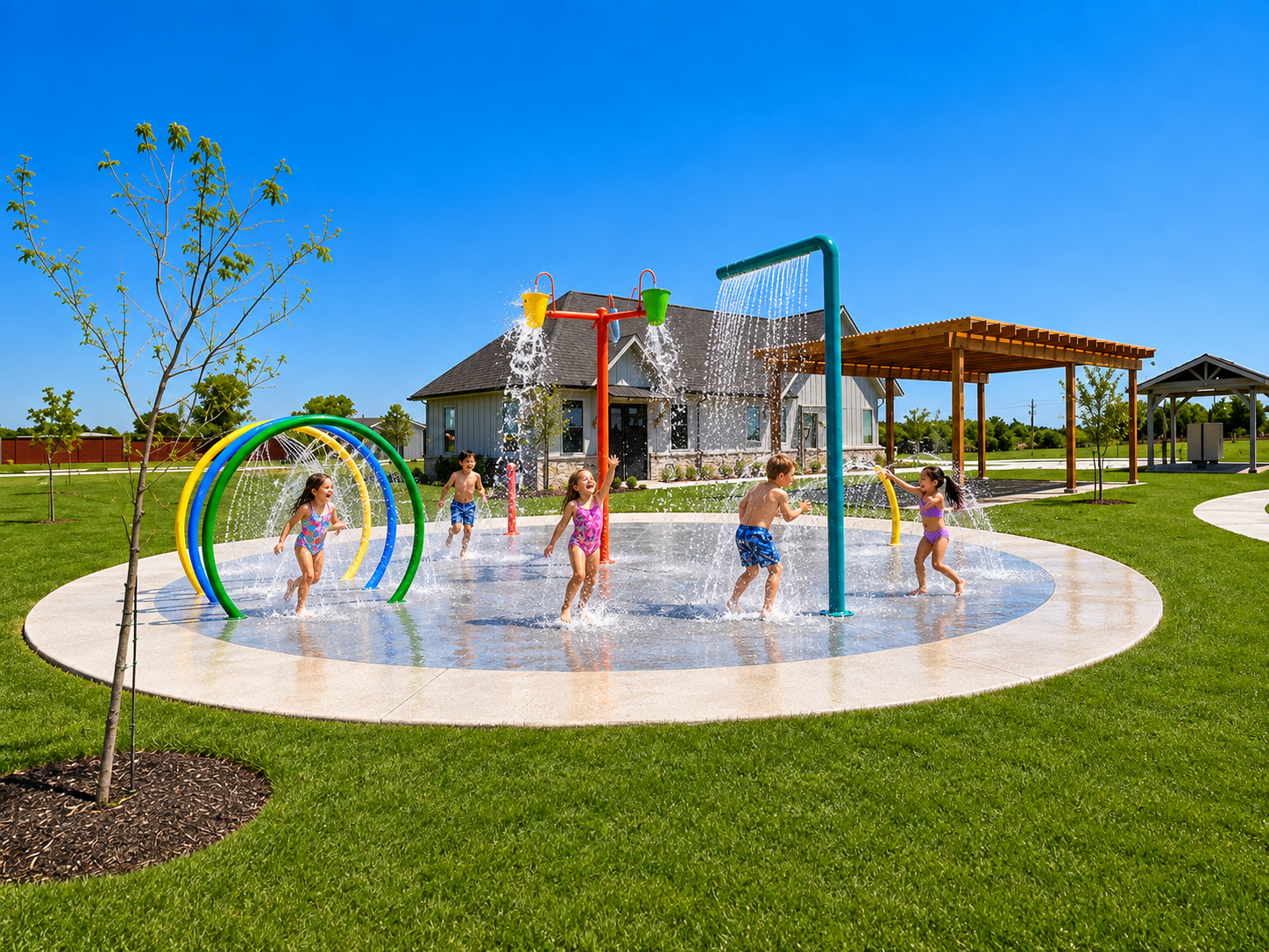 Lakeway Village's splash pad and playground in Princeton, Tx, featuring interactive water features and family-friendly outdoor spaces.
