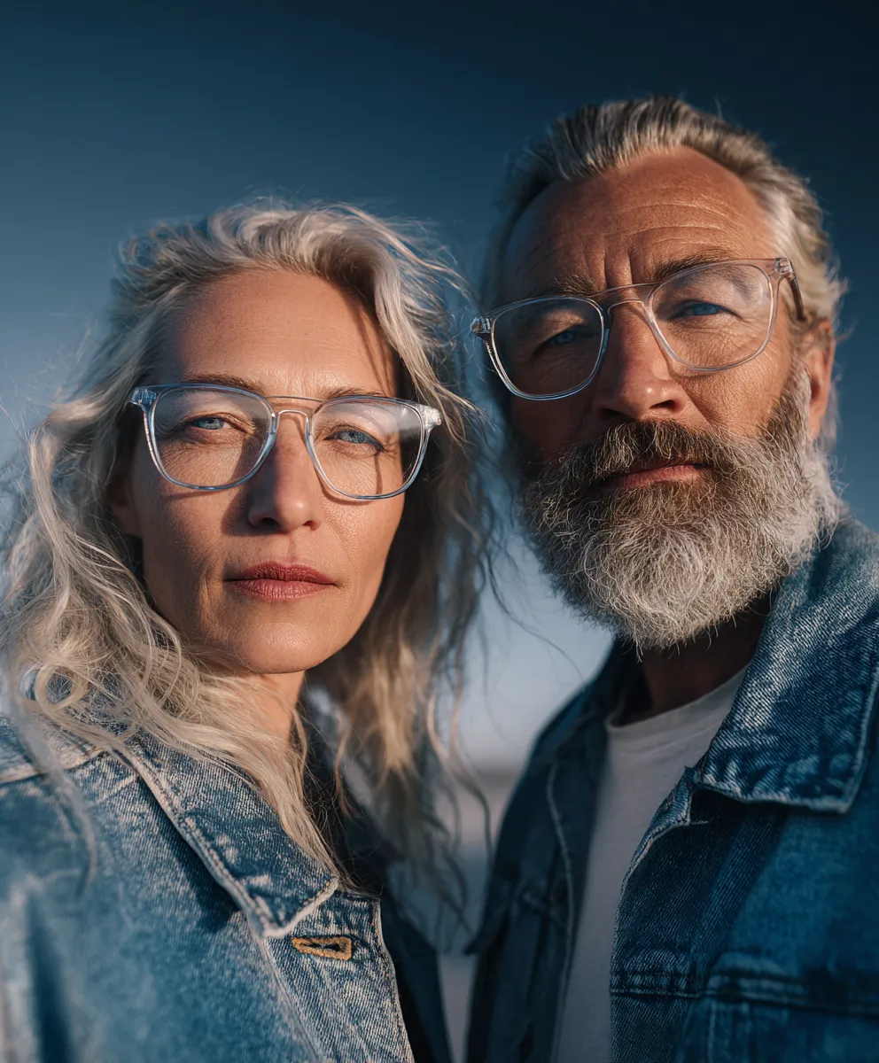 Close-up of an older man and woman with gray hair and glasses wearing denim jackets against a clear blue sky.