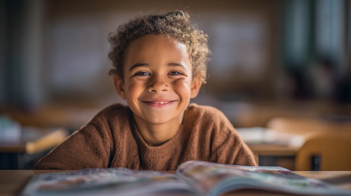 Smiling child with curly hair wearing a brown sweater, sitting at a desk with an open book in a classroom.