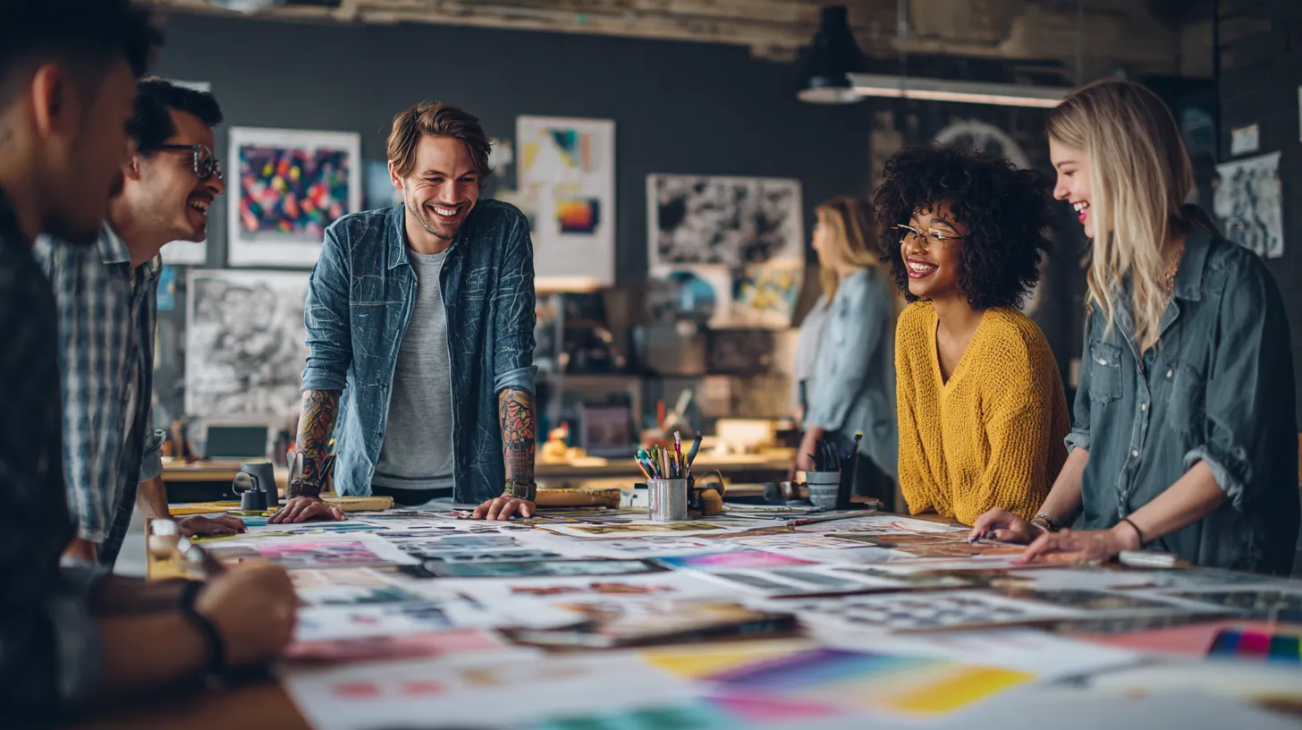 Group of five creative professionals smiling and discussing colorful design drafts spread across a large table in a modern studio.